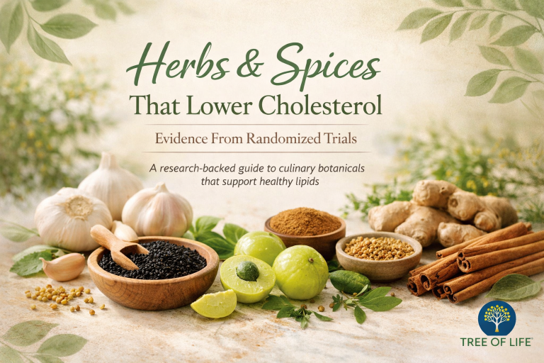 Infographic showing five botanicals clinically proven to lower LDL and total cholesterol — black cumin, garlic, fenugreek, amla, and cinnamon — with evidence ranging from randomised controlled trials and meta‑analyses